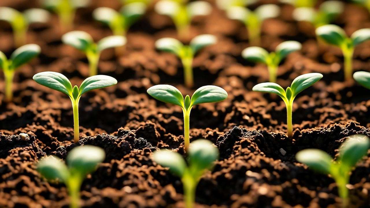 lose-up of Cubanelle pepper seeds in a seed tray under grow lights for indoor planting."
