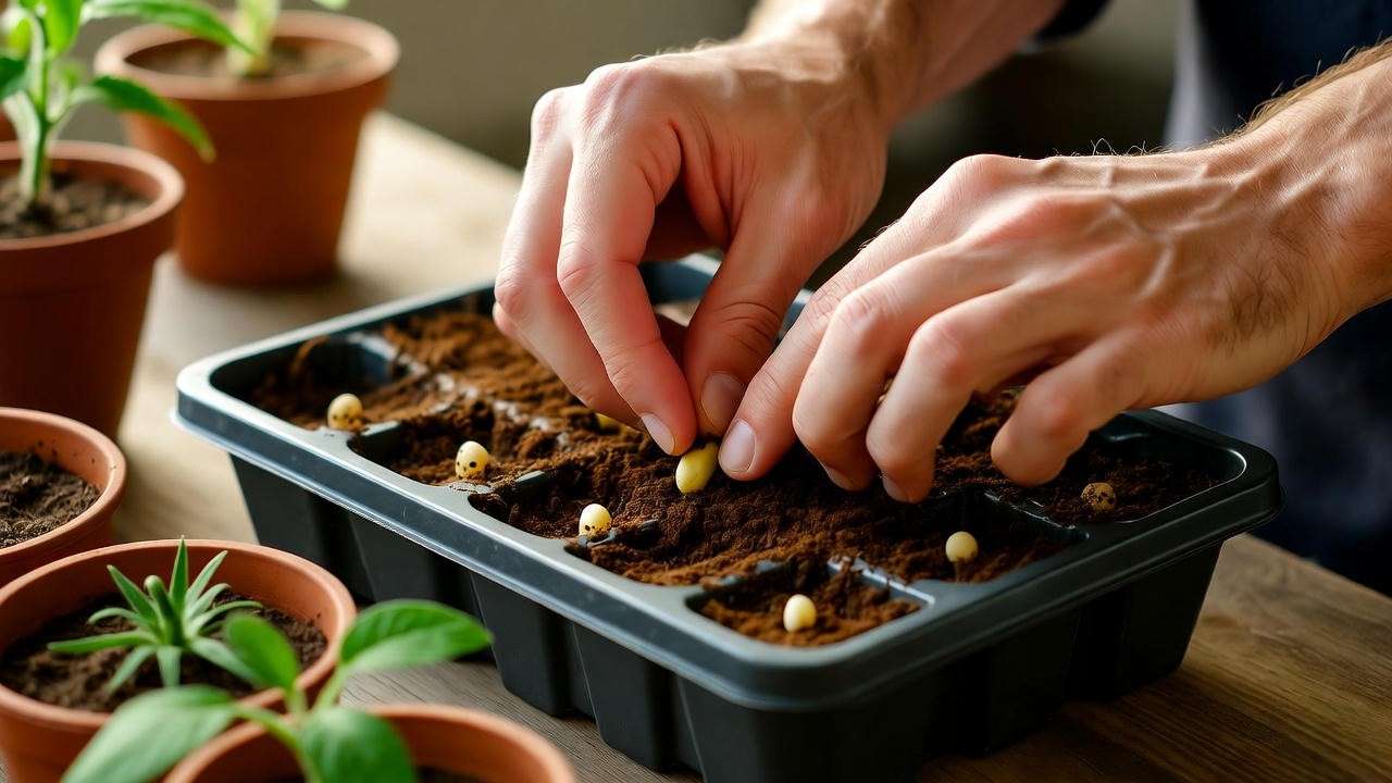 "Hands planting heirloom tomato seeds in a tray for indoor gardening"
