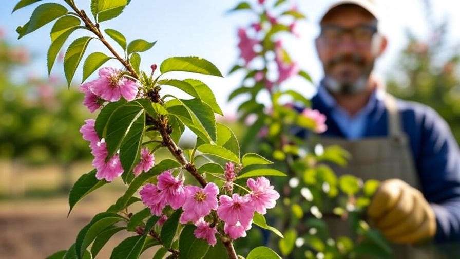 Gardener pruning a Stella cherry tree with pink blossoms in a sunny backyard orchard."
