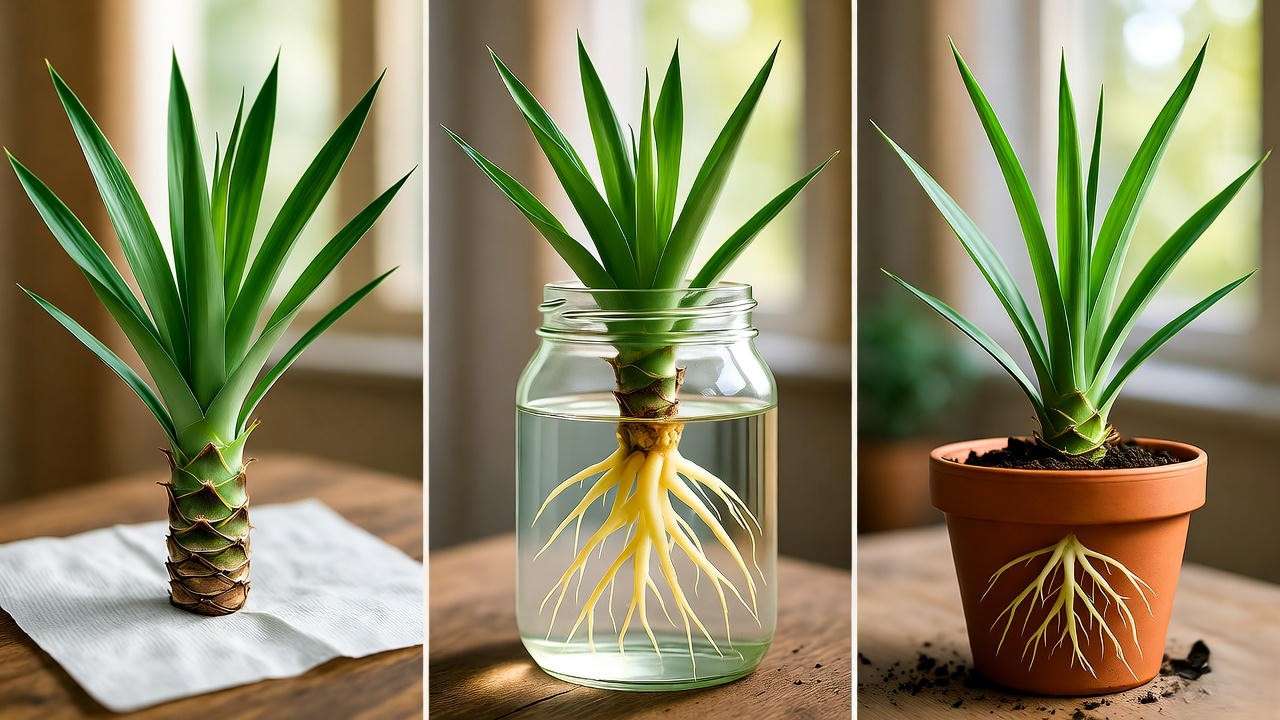 yucca cane stem cutting propagation steps from air dry to rooted in water to potted plant