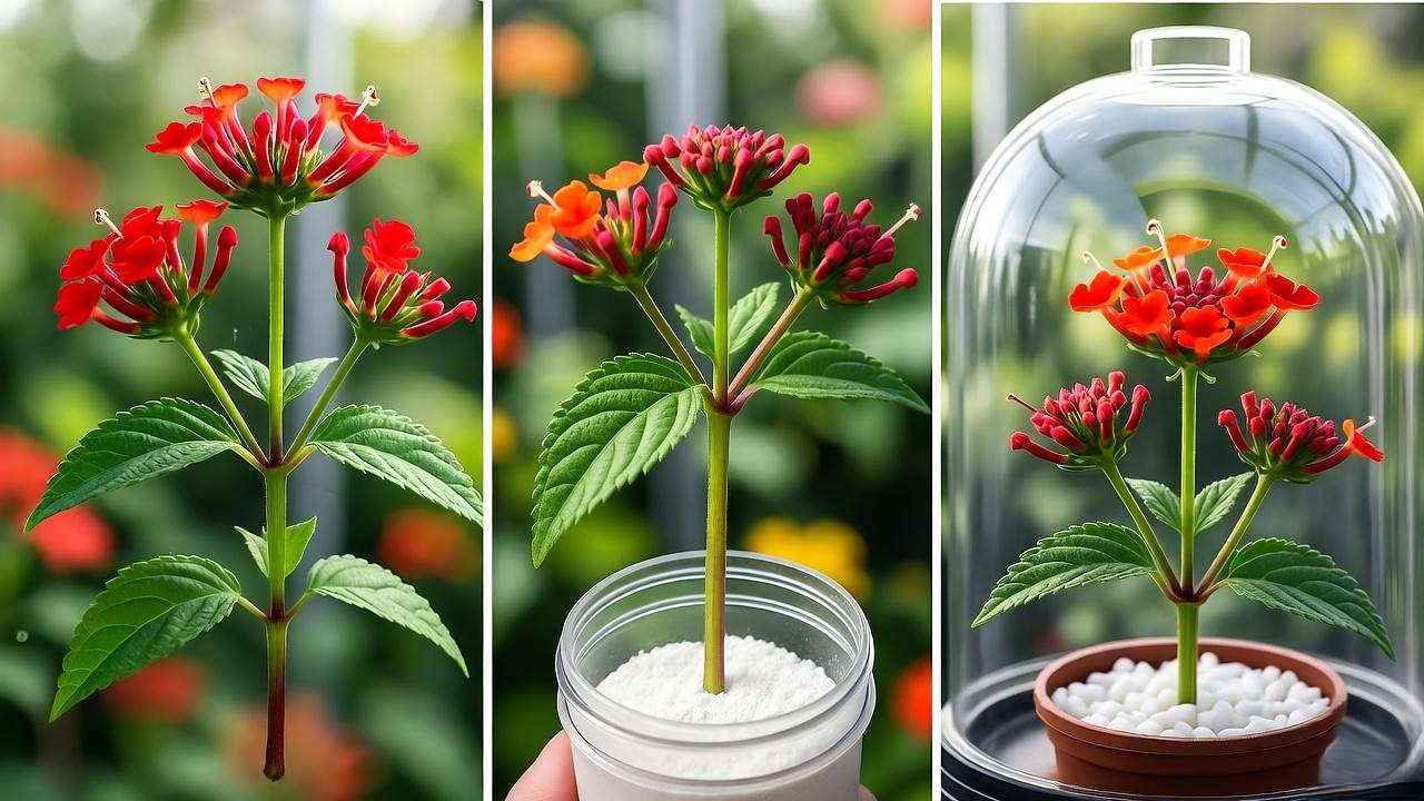 Red lantana stem cutting propagation in perlite with rooting hormone