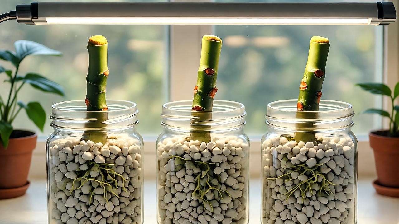 Yellow plumeria plant stem cuttings rooting successfully in perlite with visible new roots