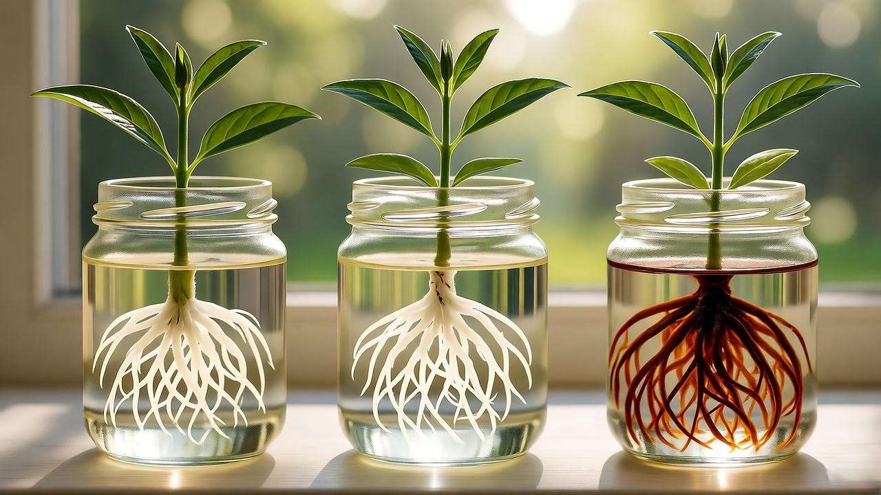 Water propagation of corymbosa plant stem cuttings showing root development stages