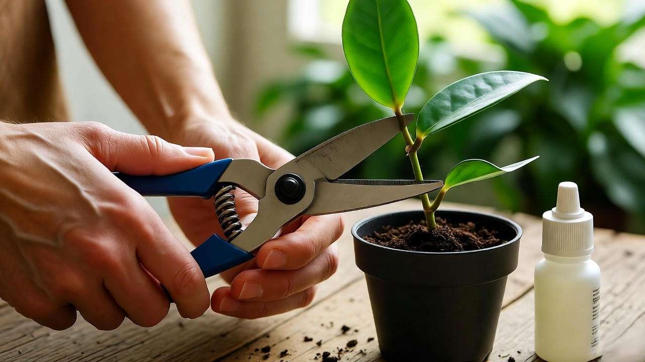Hands preparing a hoya stem cutting with pruning shears, soil, and rooting hormone for propagation."