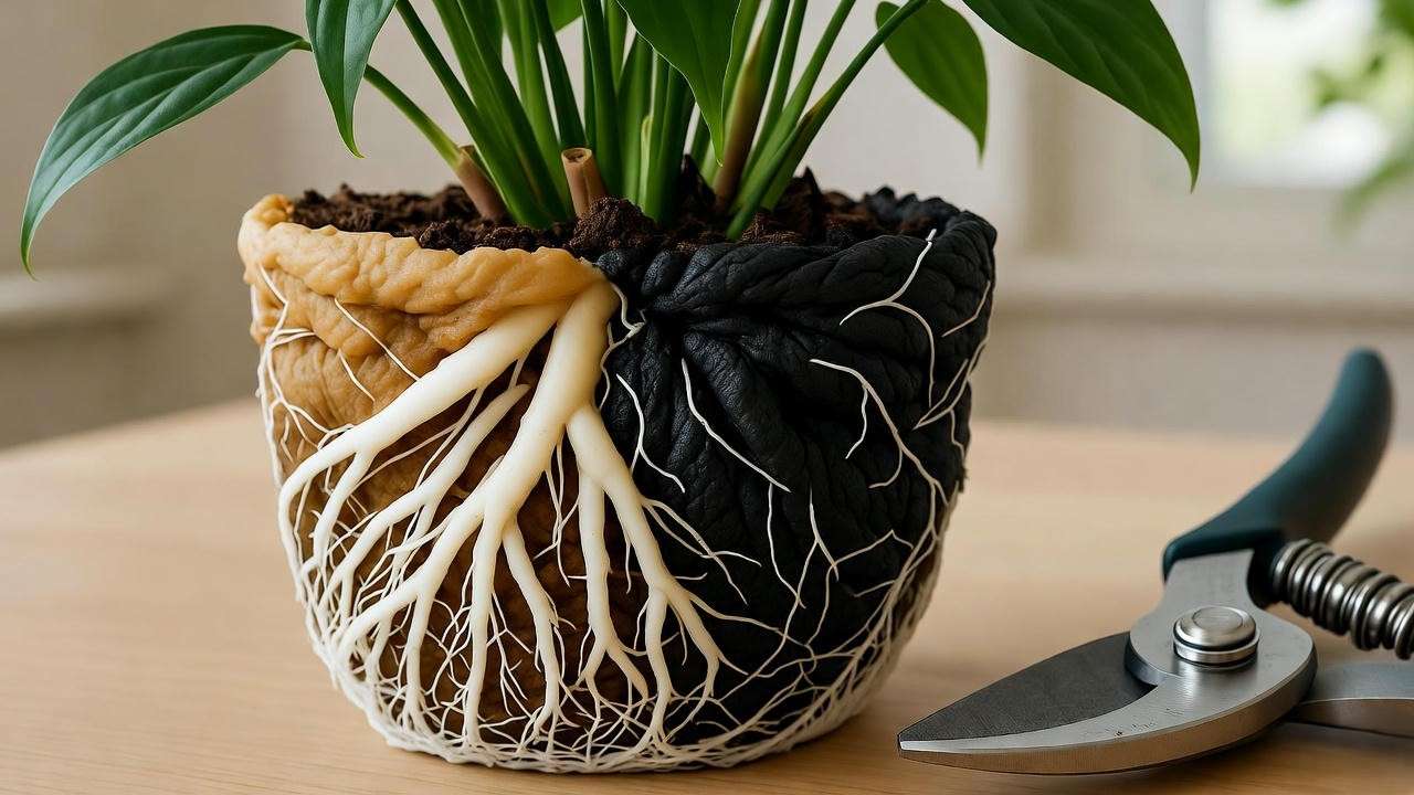 Houseplant root ball with visible signs of root rot and healthy white roots.