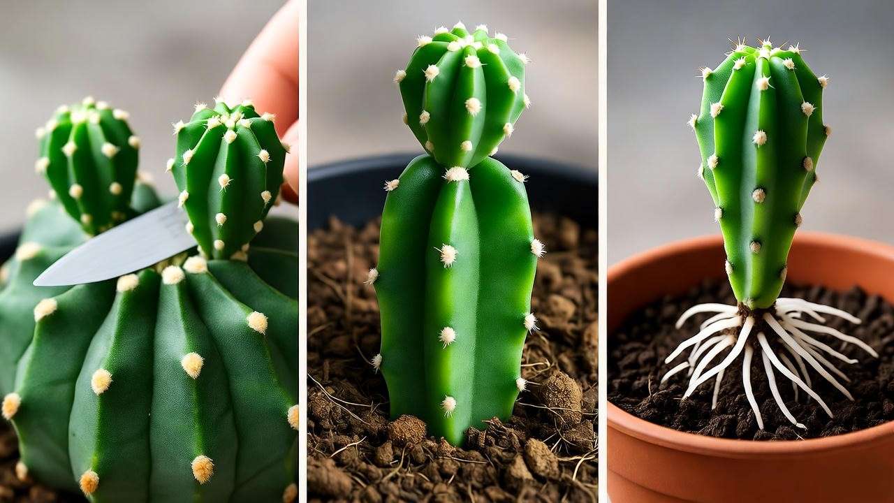 Step-by-step propagation of a brain cactus showing offset separation and rooting in cactus soil.