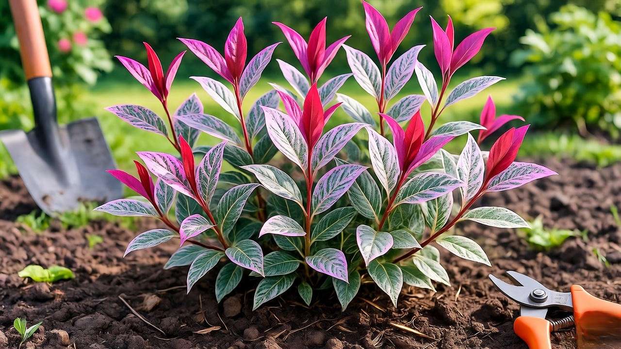 Close-up of dappled willow shrub with pink, white, and green leaves freshly planted with mulch and garden tools."