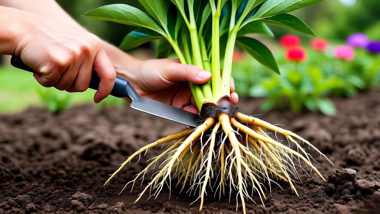 Gardener dividing blue peony roots with a spade in a garden bed."