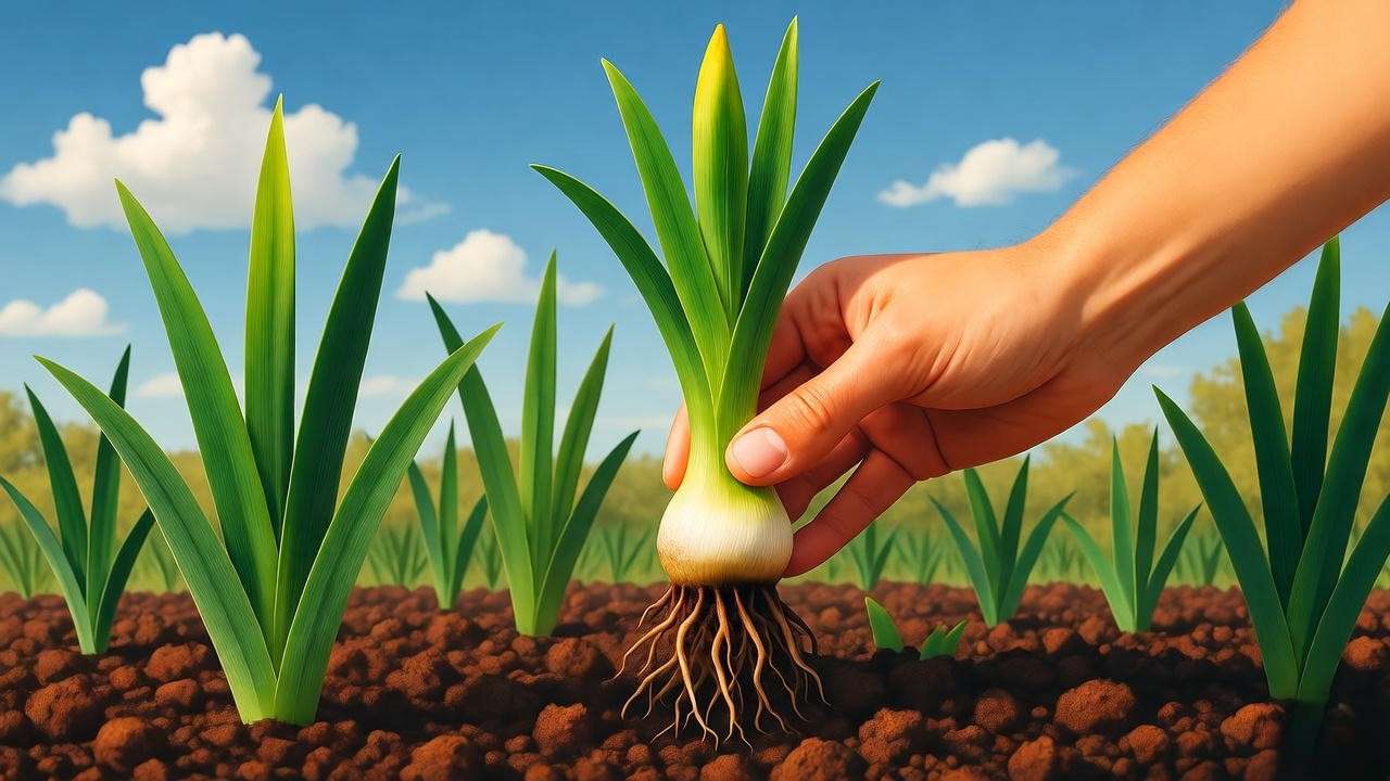 Illustration of planting an iris rhizome with roots downward and top exposed in well-drained soil, sunny garden setting.