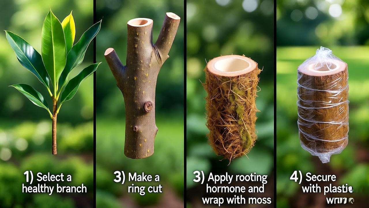 Air layering croton branch with sphagnum moss and plastic wrap in a tropical outdoor setting."