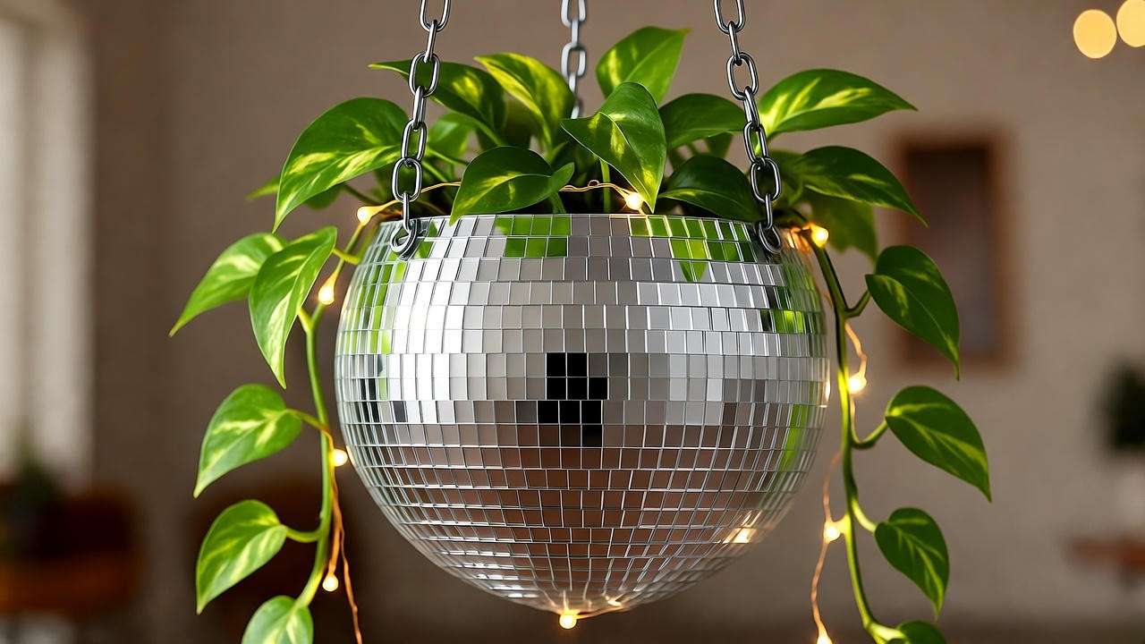 Close-up of a disco ball planter with cascading pothos, reflective mirrored tiles, and fairy lights in an indoor hanging setup."