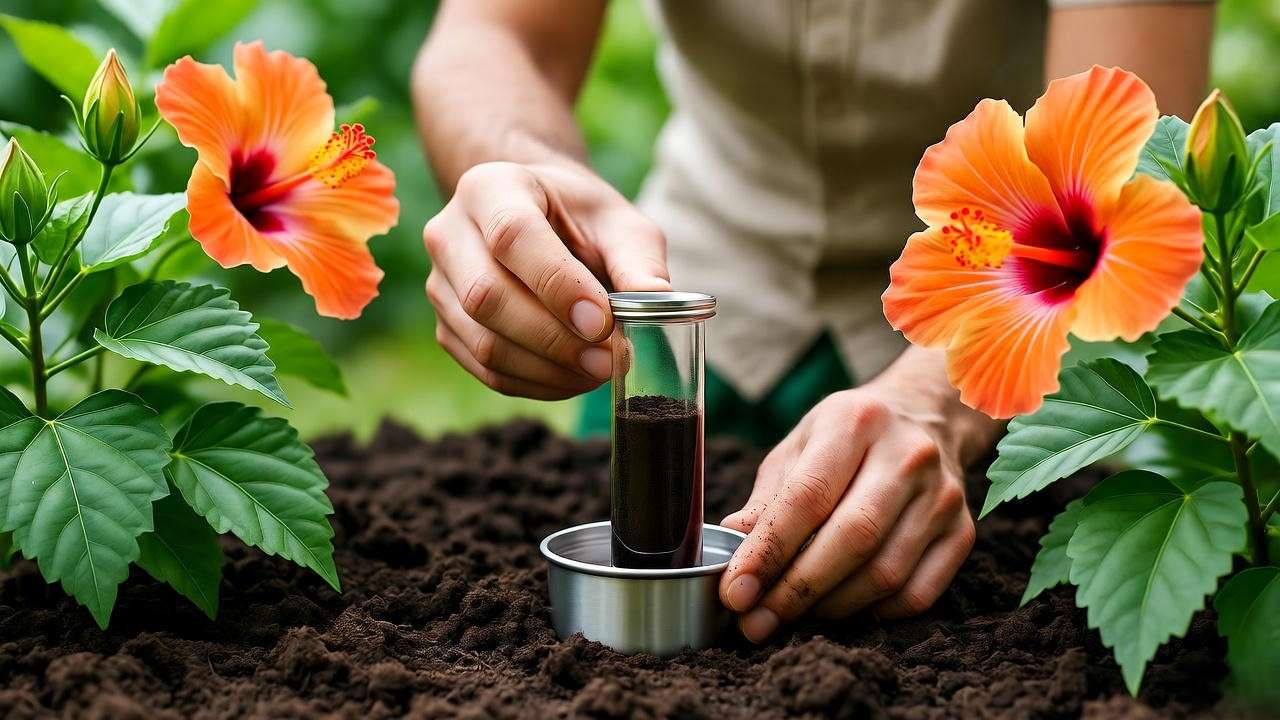 "Gardener using a soil test kit on hibiscus soil with healthy leaves and blooms in the background."