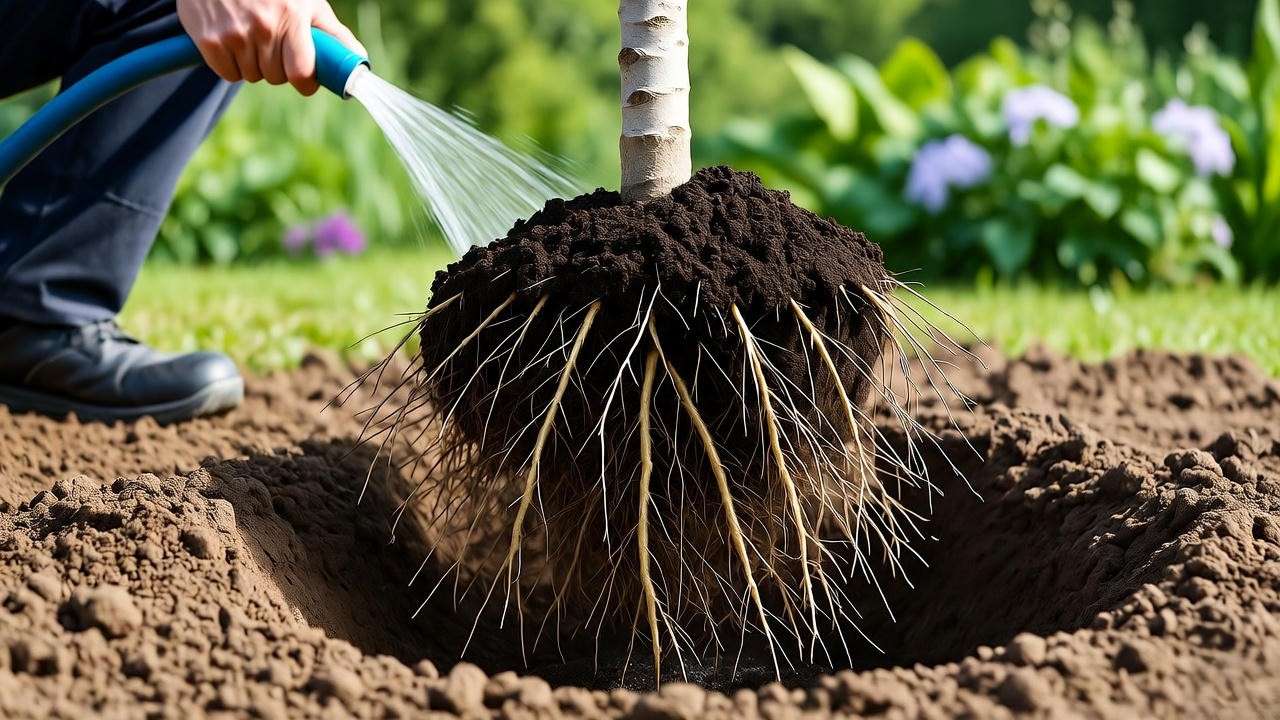 "Step-by-step planting of bare root tree with roots spread, mulched, and watered in vibrant garden"