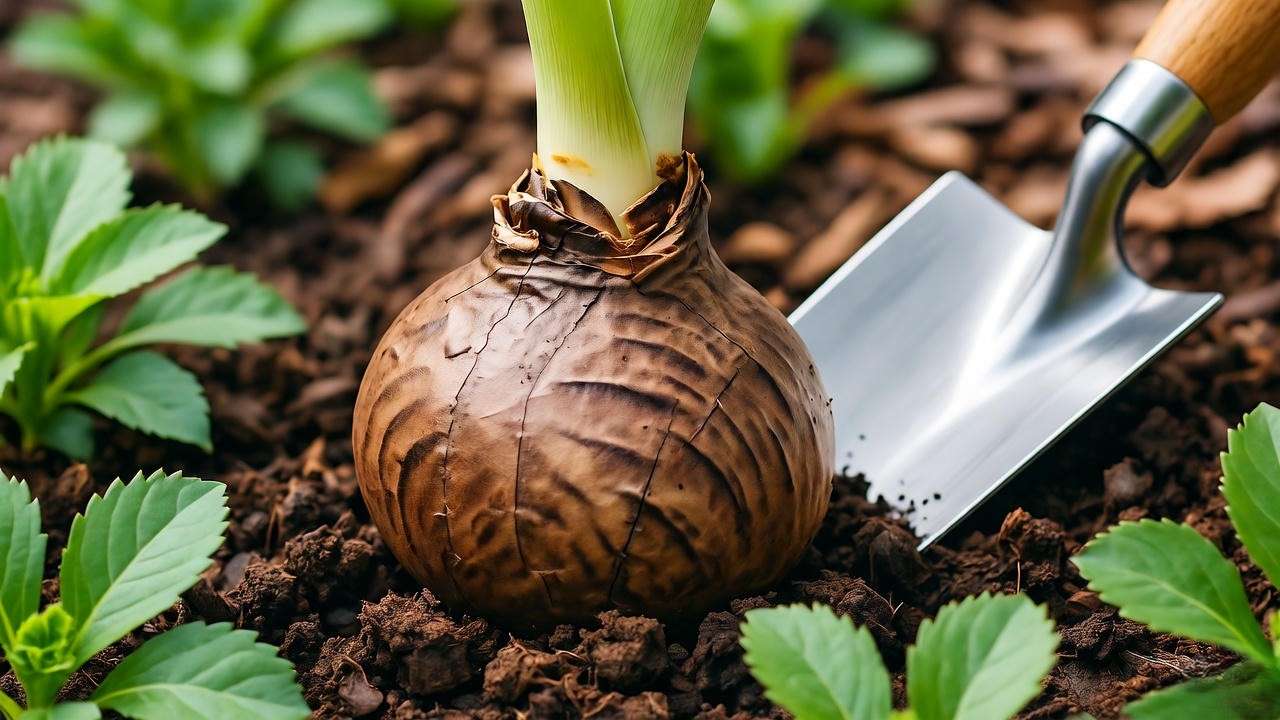 Close-up of chocolate lily bulb planting with trowel and mulch in organic soil".