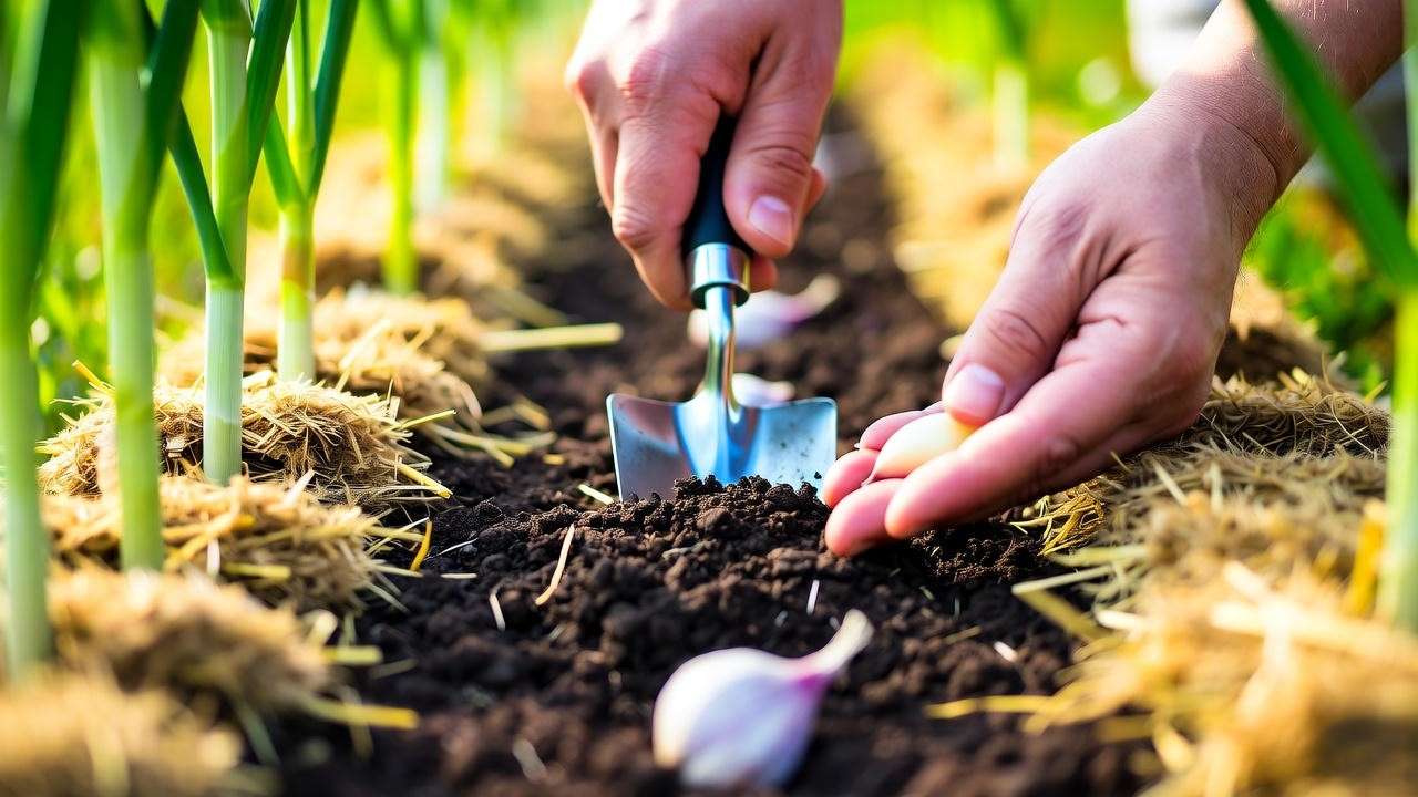 Gardener planting garlic cloves into soil with trowel and mulch in a spring garden".