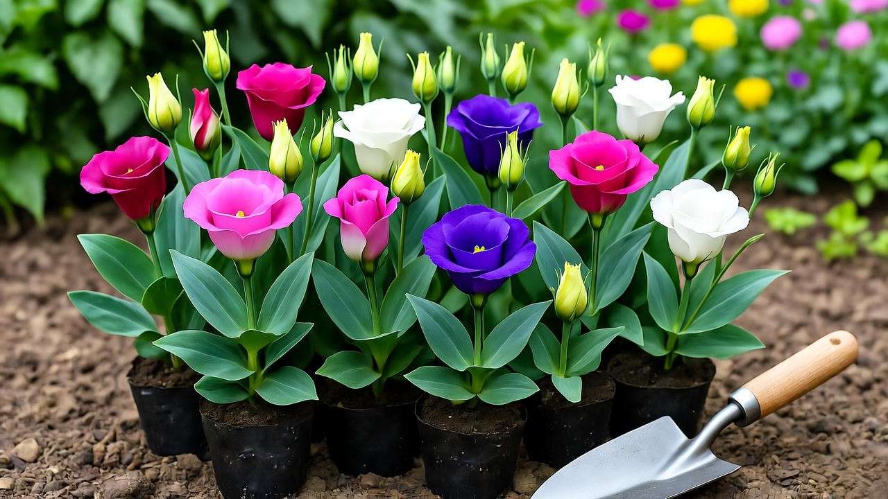 Close-up of vibrant lisianthus plug plants in well-draining soil with a garden trowel."