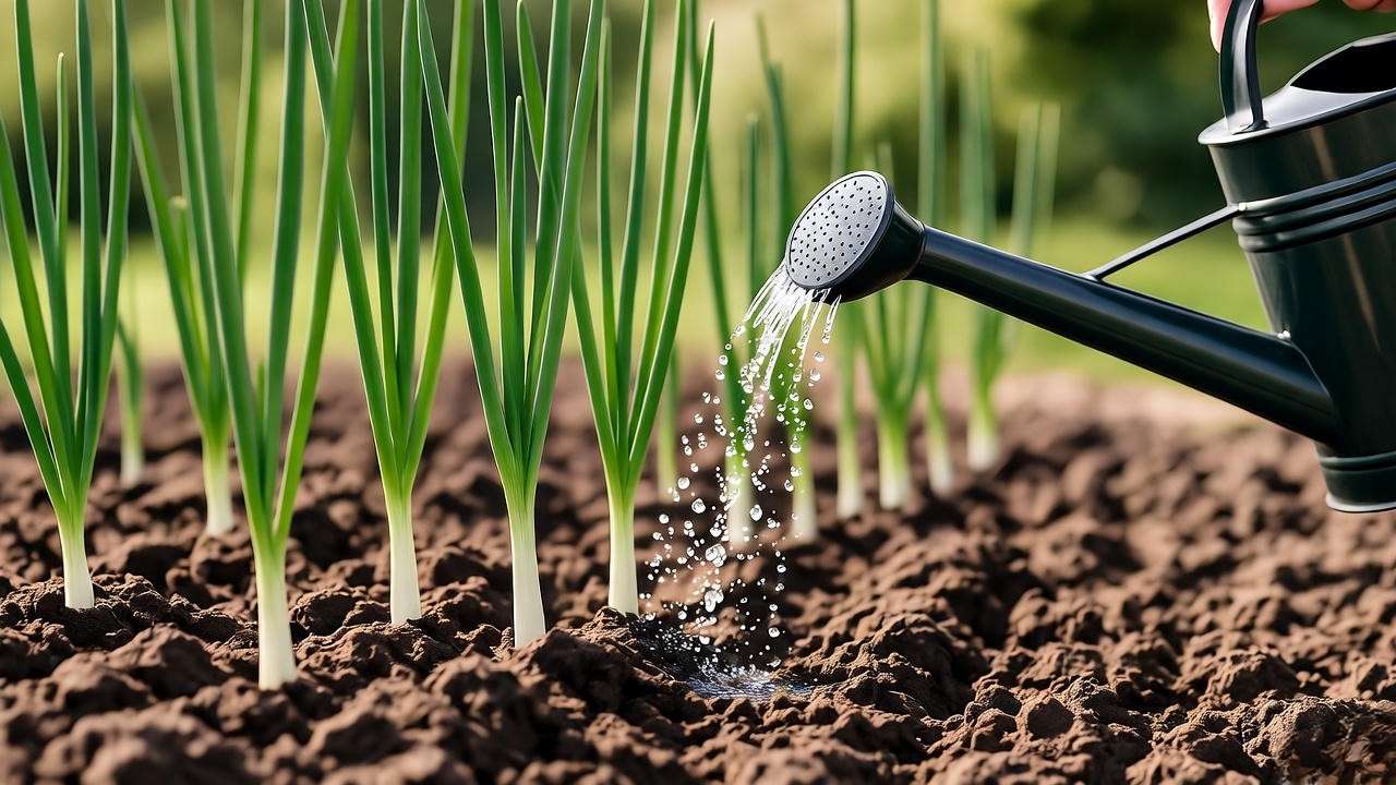 Close-up of onion seedlings being watered in a garden b