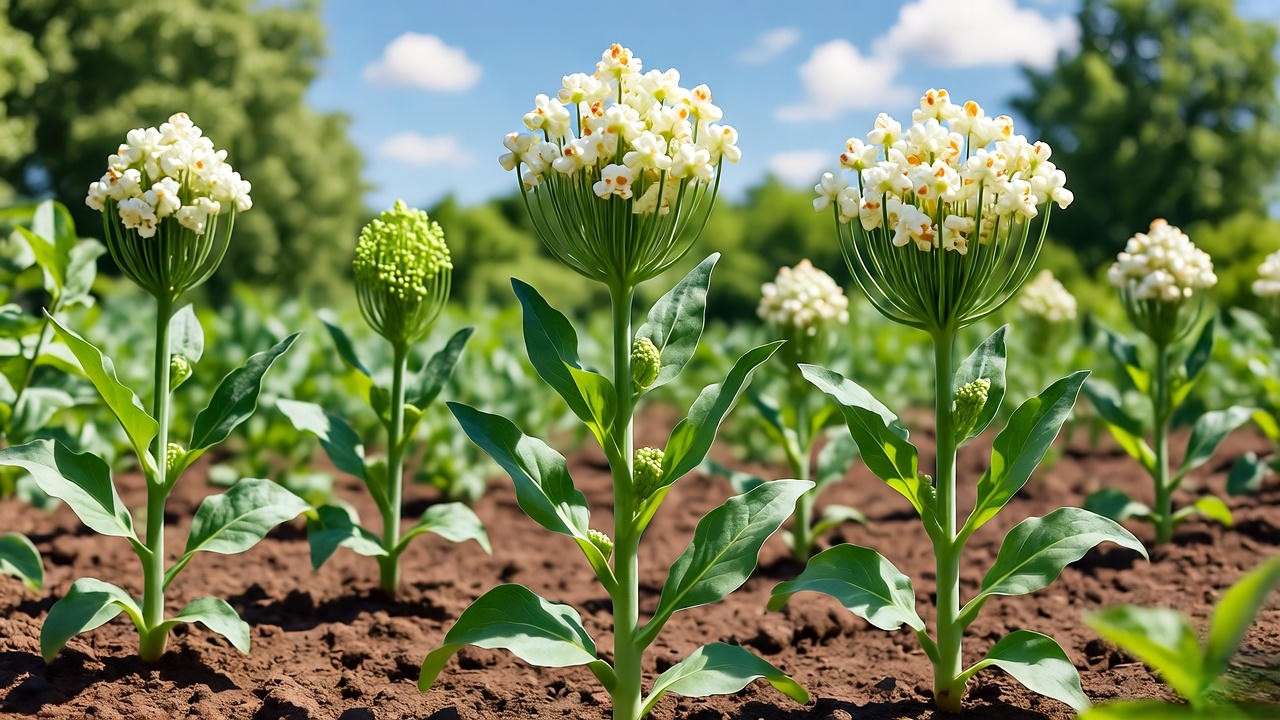 Healthy popcorn plants growing in a sunny garden with green stalks and developing ears."
