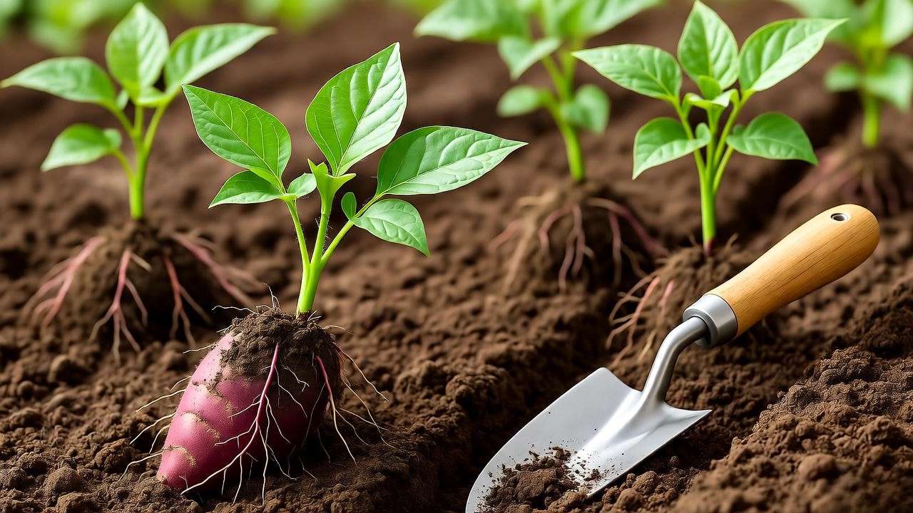 "Garden bed with sweet potato slips planted at 45-degree angle and gardening trowel".