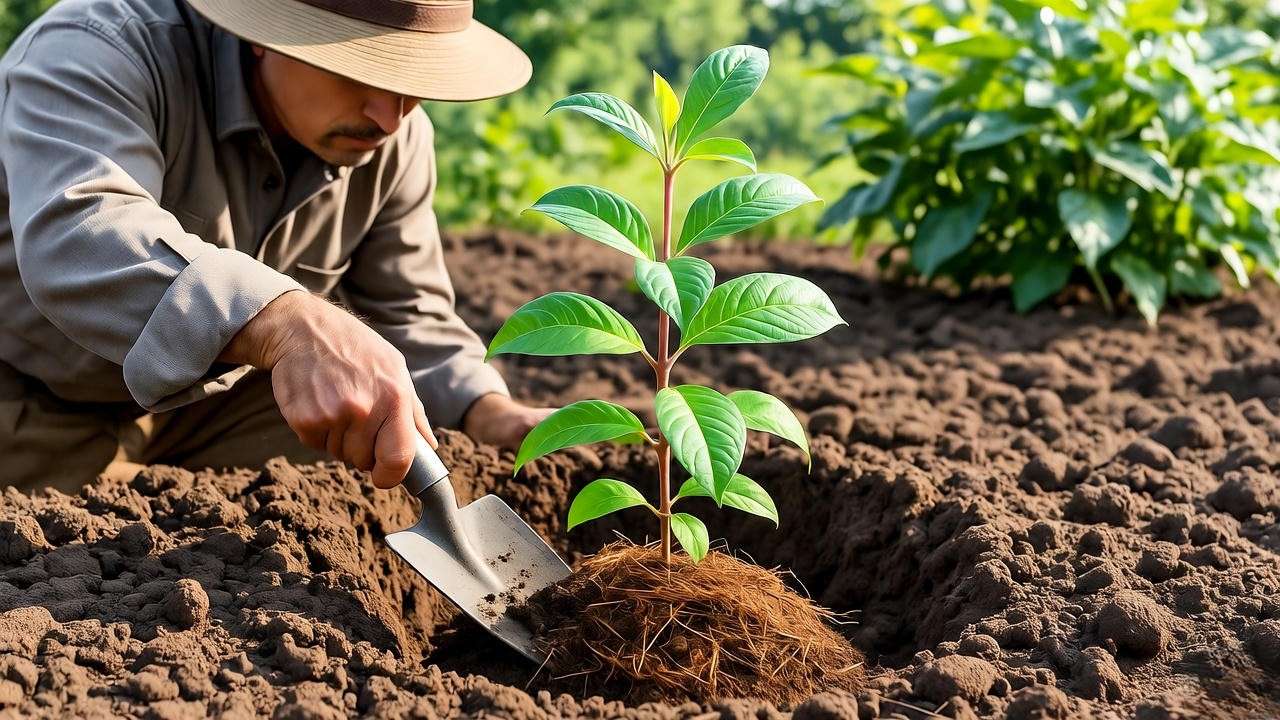Gardener planting a pink guava sapling with compost and mulch in sunny garden.