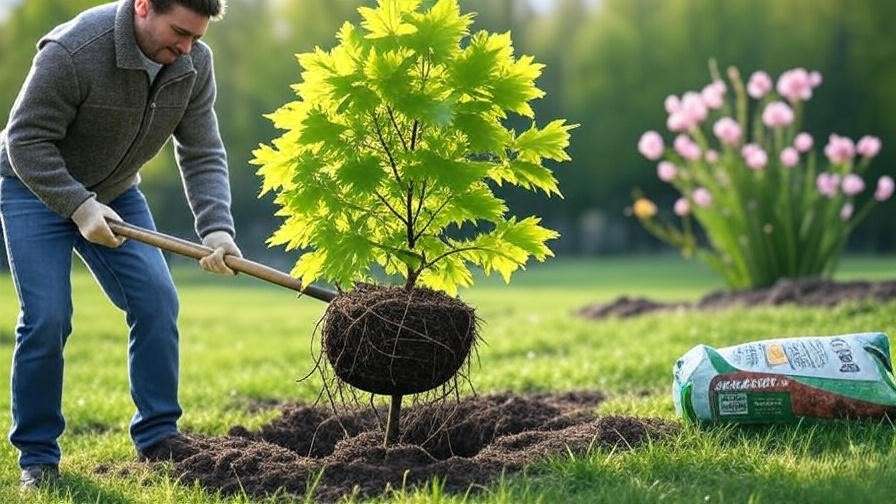 Person planting a Sensation Maple Tree with shovel and compost in a lush garden."