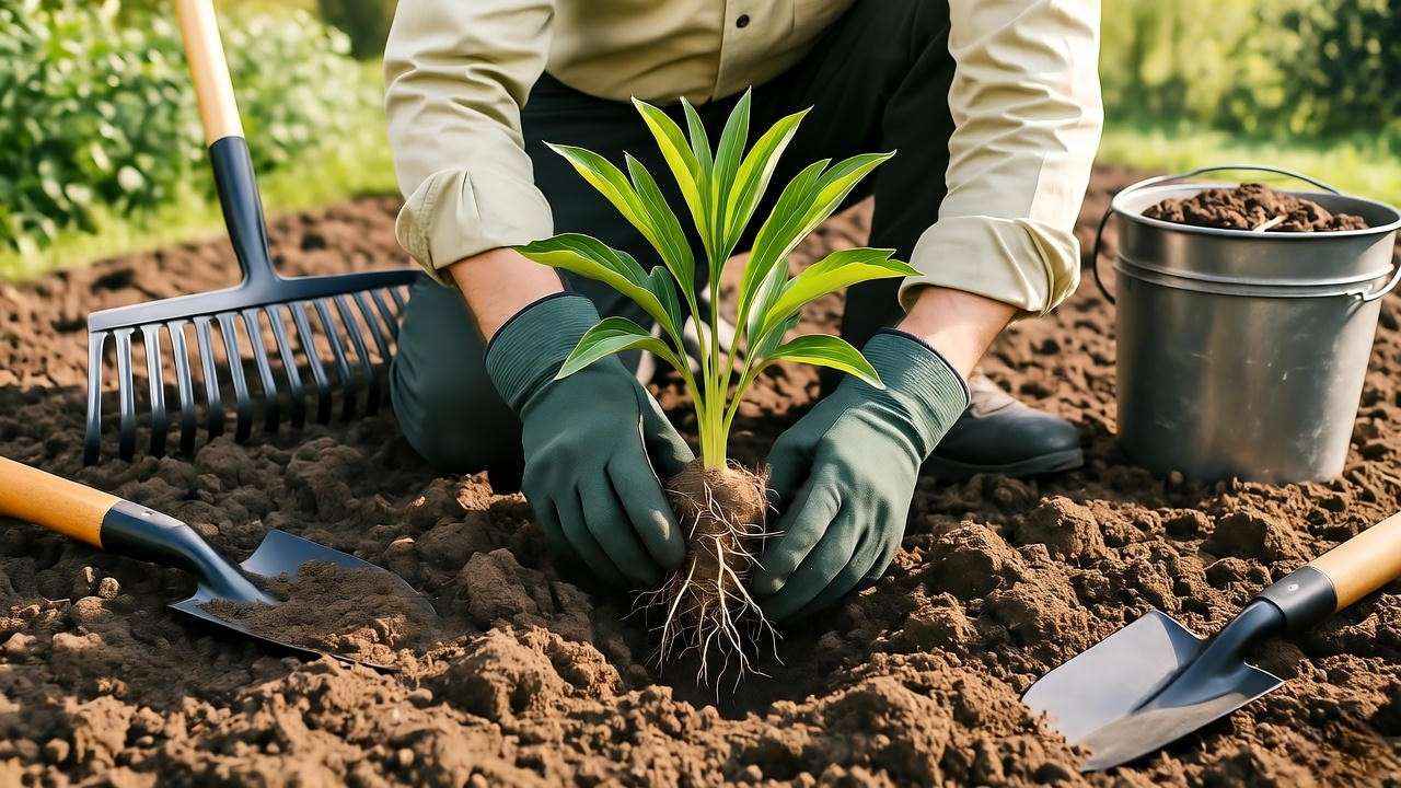 Gardener planting a peony root with tools and compost in a garden"