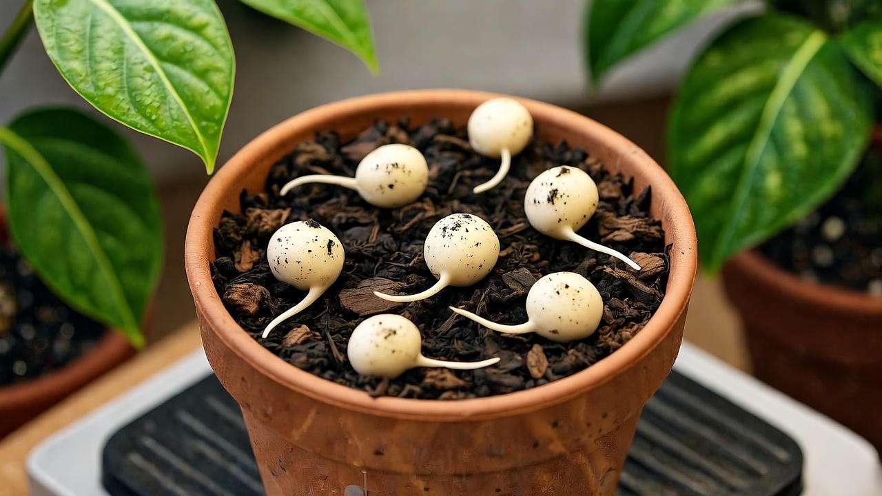 Croton seeds planted in soil mix on a heat mat in a humid tropical setting."