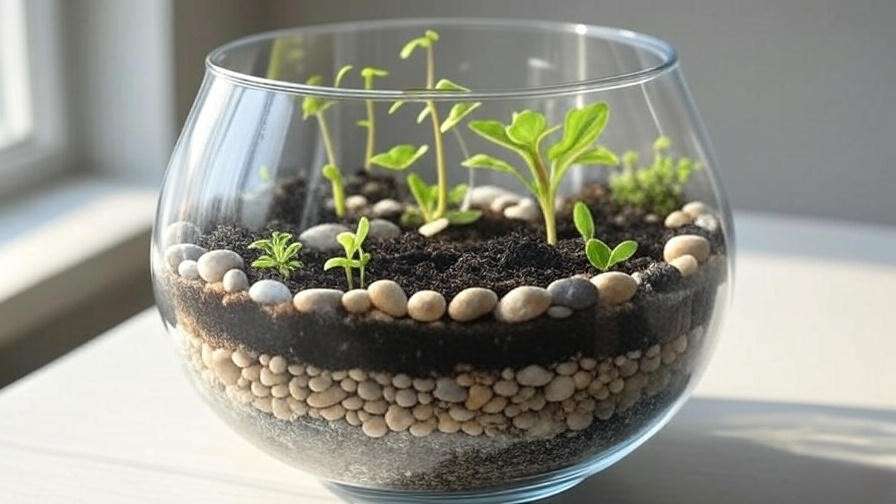 Step-by-step terrarium setup with pebbles, charcoal, soil, and Fittonia plants in a glass bowl."