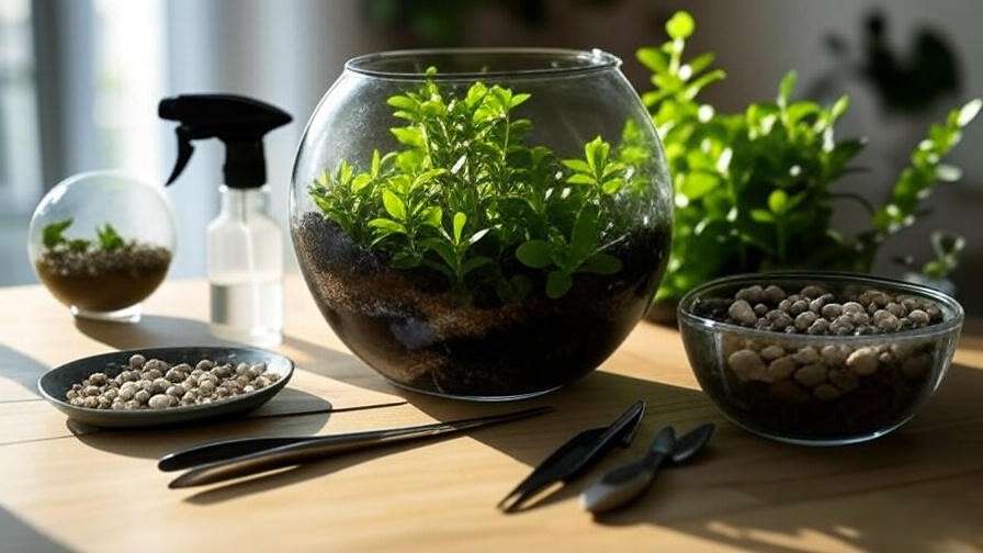 Terrarium tools and materials including spray bottle, tweezers, and Baby Tears plants in a glass container.