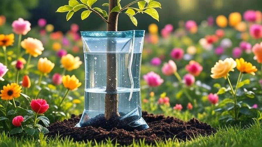 Treegator water bag around a sapling in a colorful garden"