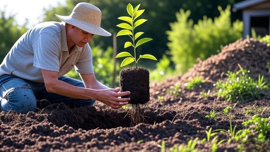 Gardener planting a young white sapote tree with compost in a sunny garden