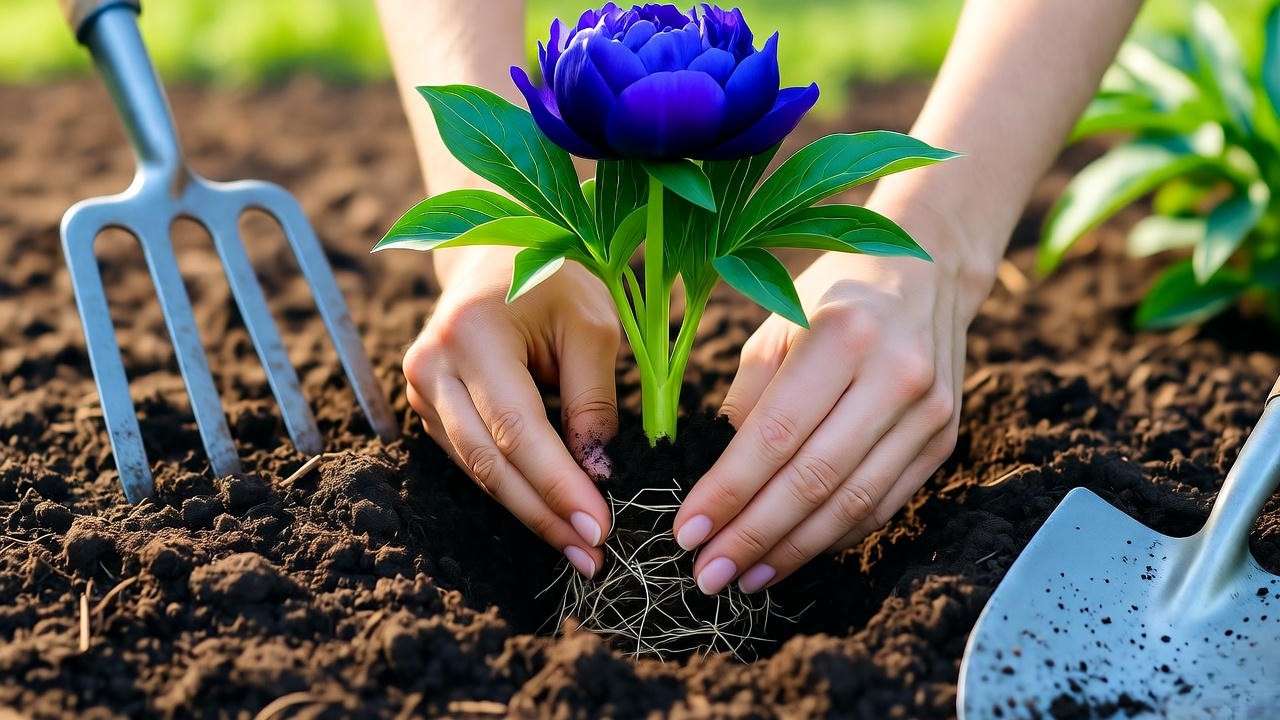 Hands planting blue peony roots with tools and mulch in a garden bed."