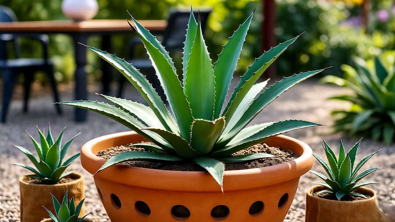 Caribbean agave plant thriving in terracotta container with drainage and pup propagation