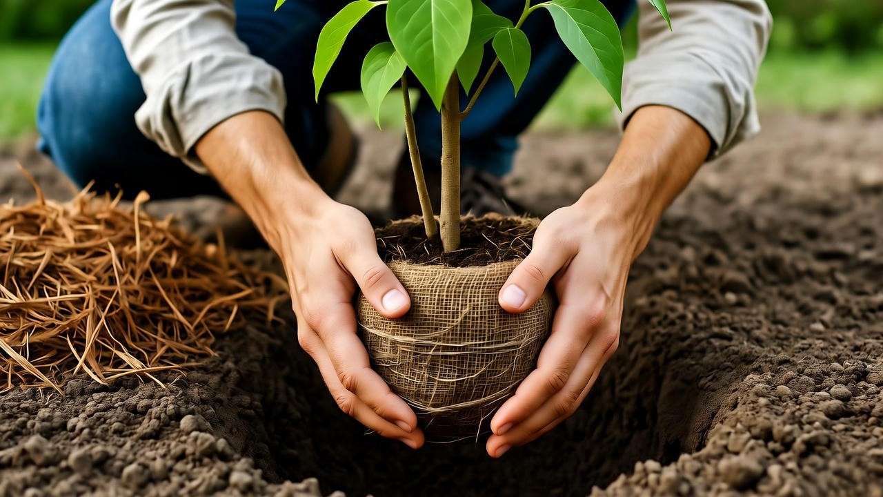 Step-by-step planting of a Persian lilac with gardener adding mulch in a sunny garden."