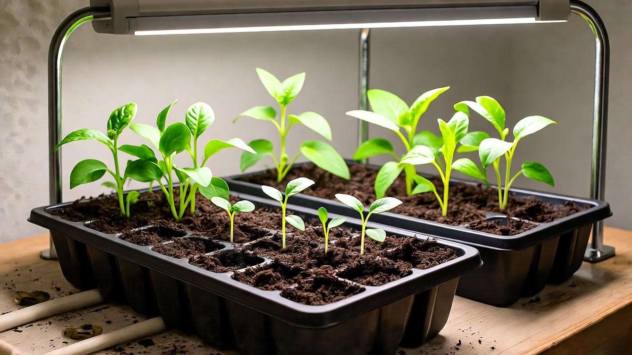 Indoor setup for purple bell pepper seed starting with trays, grow lights, and heating mats"