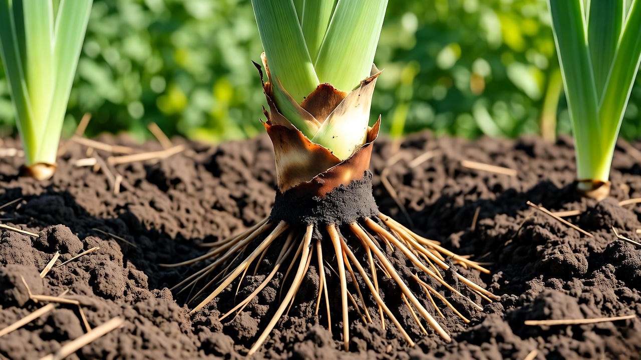 "Close-up of white iris rhizome planting in well-drained soil with compost".