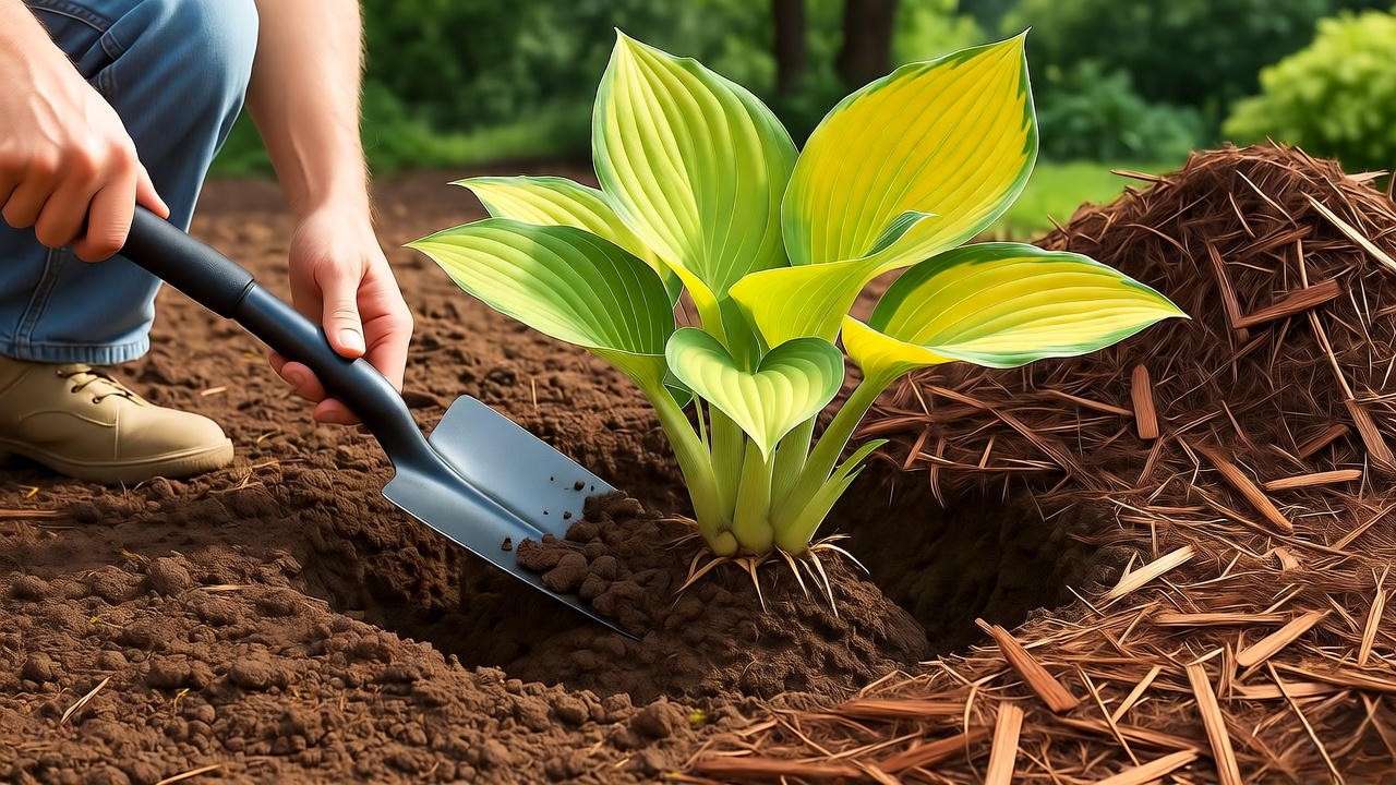 Step-by-step planting of Big Daddy hosta with spade and mulch in shaded garden"