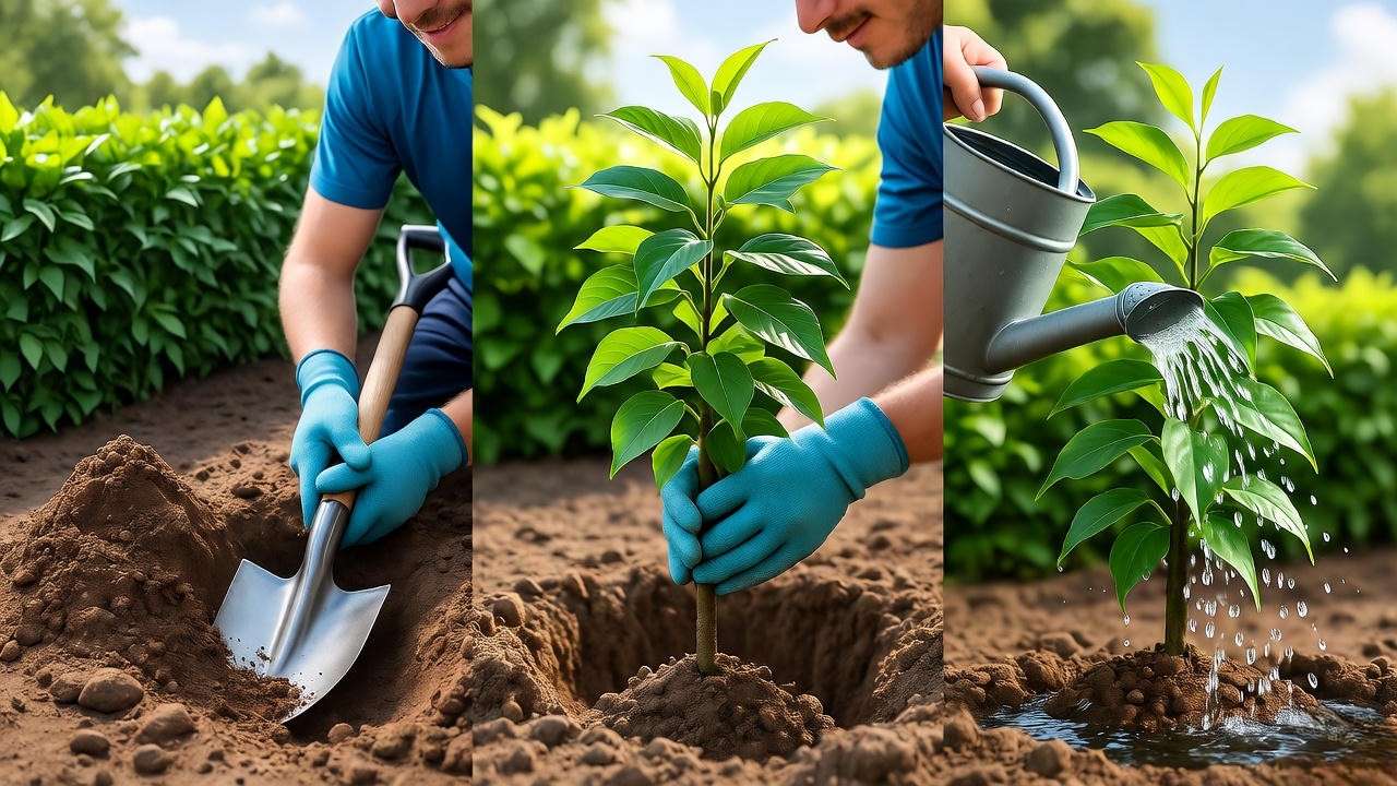 Step-by-step process of planting a ficus hedge with gardener and tools."