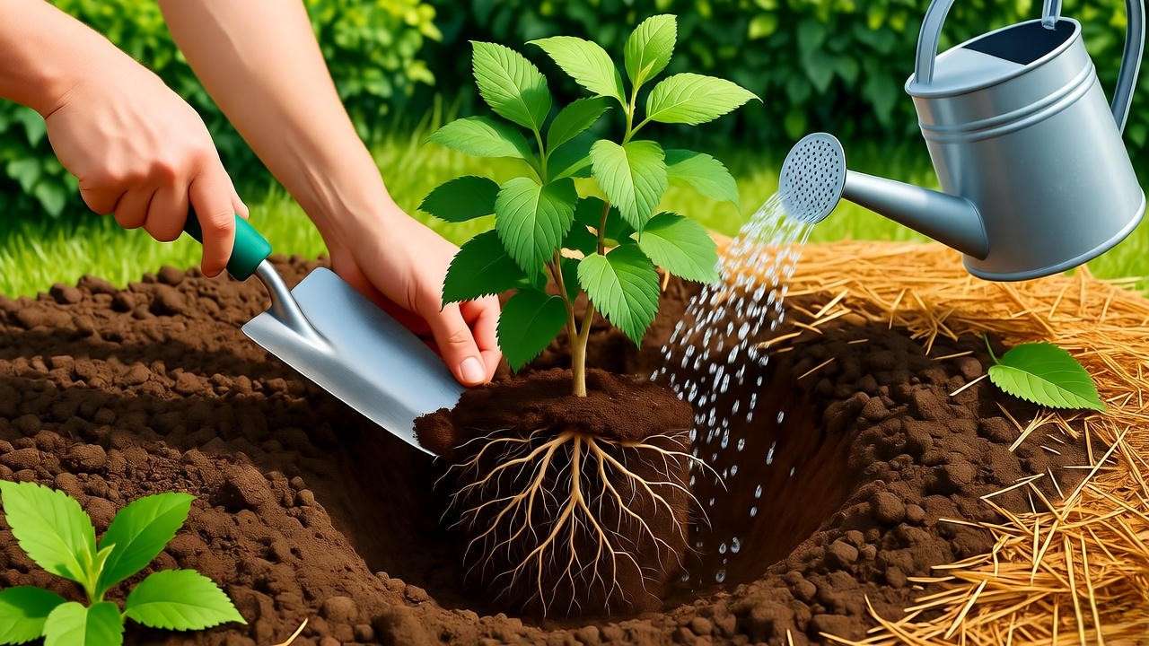 Illustration of planting viburnum hedge plants, showing a trench, root ball, compost, mulch, and watering in a sunny garden.