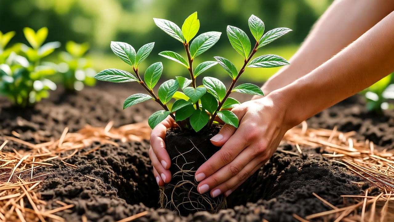 Close-up of a Brightwell blueberry plant being planted with mulch and gardener's hands in a garden."