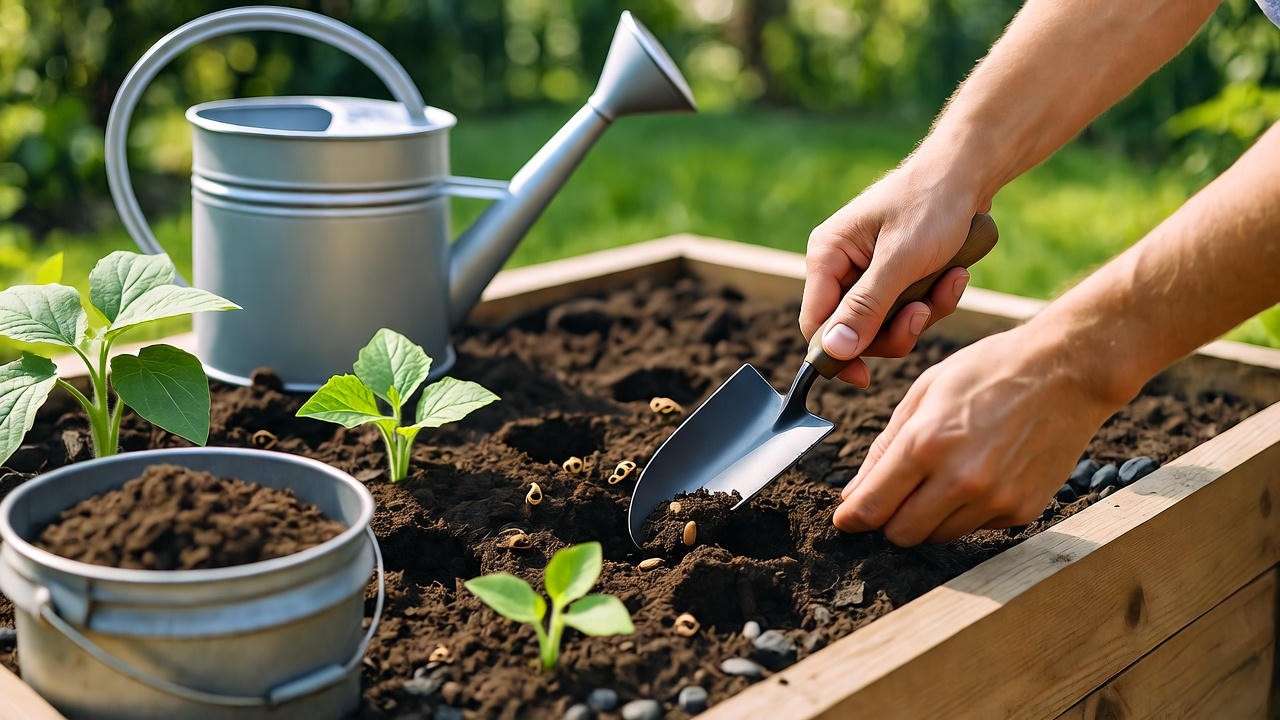 Gardener planting bush cucumber seeds in a raised bed with trowel and watering can."