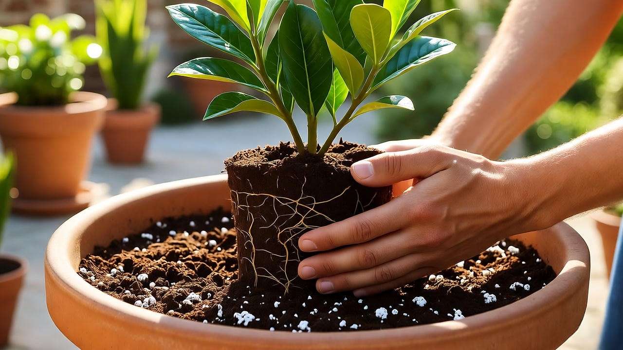 Planting gardenia veitchii plant in terracotta pot with ericaceous soil mix