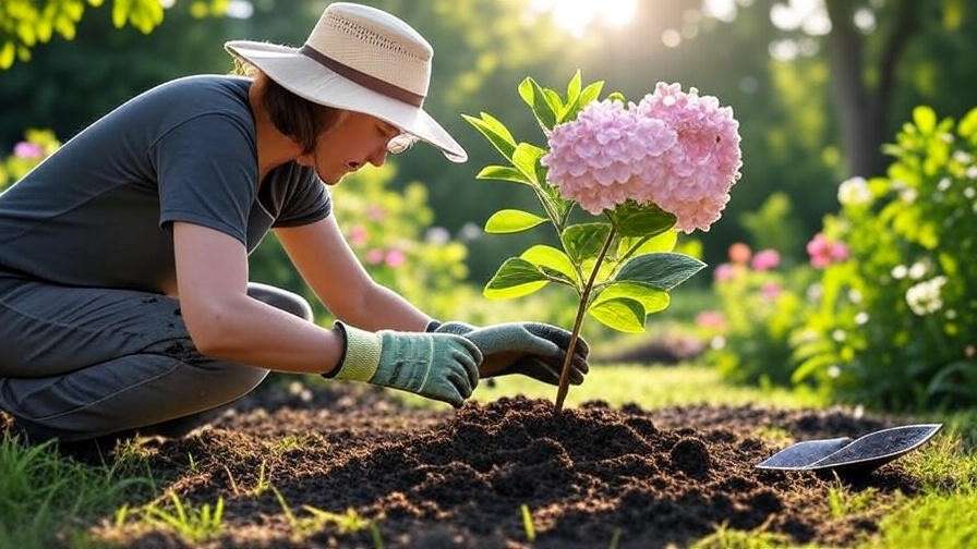 "Person planting a Pink Diamond Hydrangea Tree in loamy soil with compost and greenery."