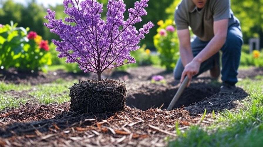 Gardener planting a purple ash tree with mulch and well-drained soil in a sunny garden."
