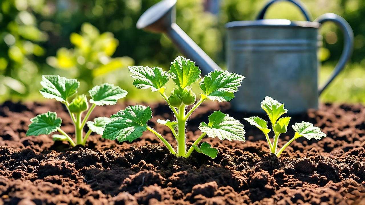 Hollyhock seedlings sprouting in garden bed with watering can"