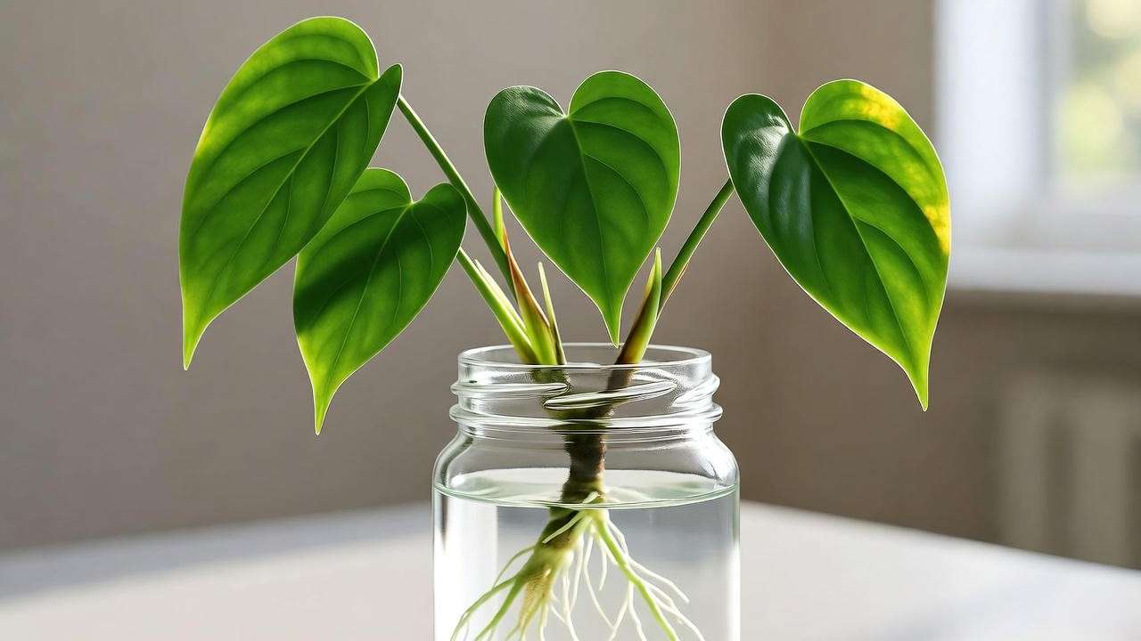 Step-by-step propagation of a broken heart plant stem cutting in water with roots forming."