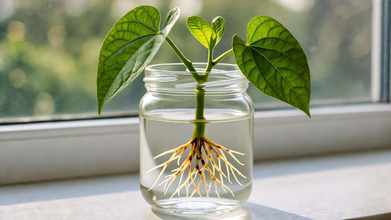Cissus discolor stem cutting developing roots in water on a windowsill with bright indirect light."