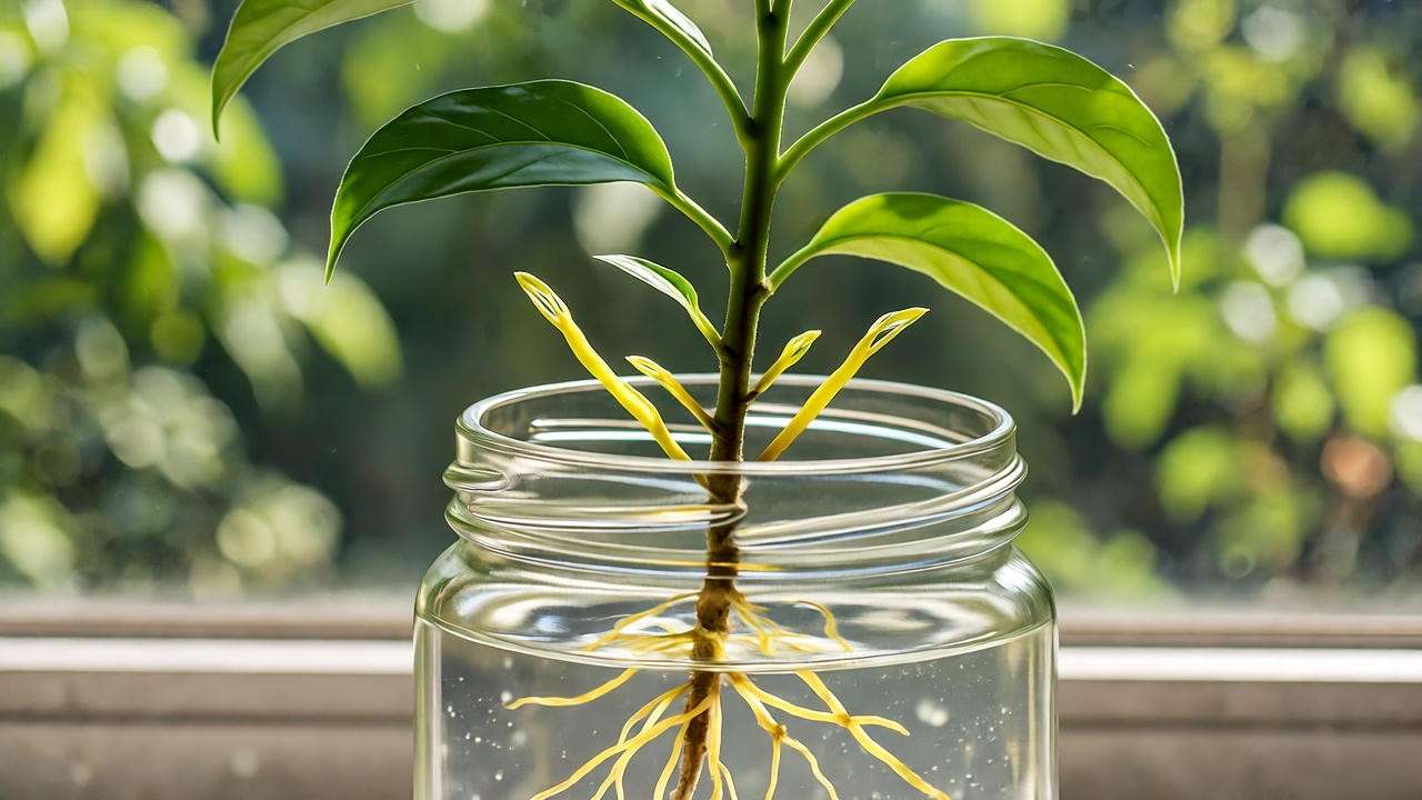 Pleomele stem cutting rooting in water on a windowsill