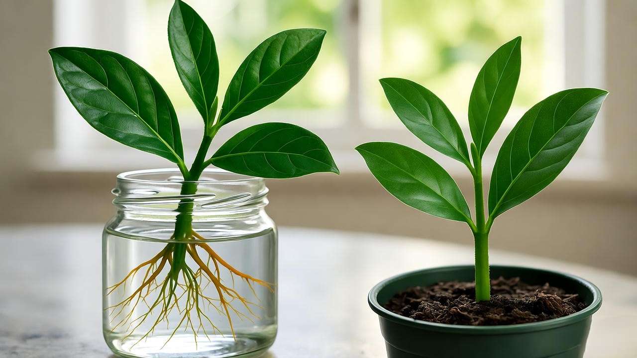 "Step-by-step cordatum plant propagation with cutting in water and soil."
