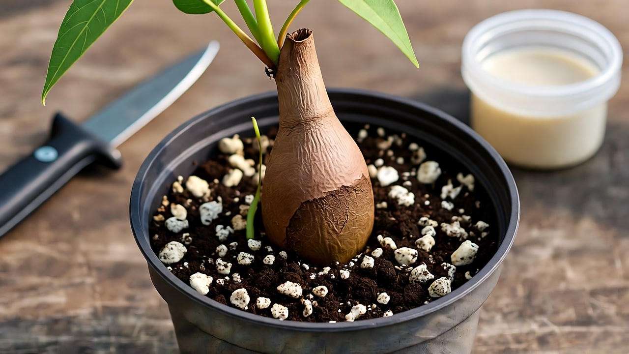 Propagating a Dioscorea elephantipes plant with vine cutting in gritty soil."